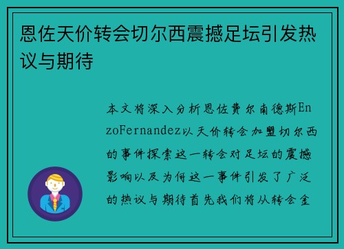 恩佐天价转会切尔西震撼足坛引发热议与期待